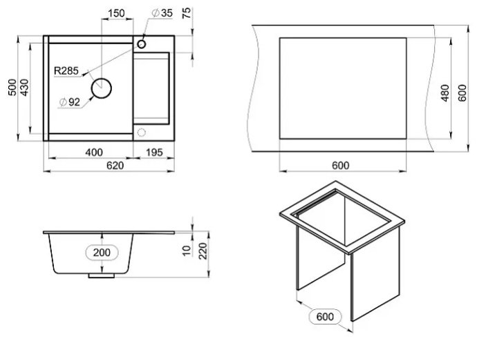 Кухонная мойка GRANULA ES-6202 62х50х20 см, кварцевый песок, тон графитовый купить,NaN
