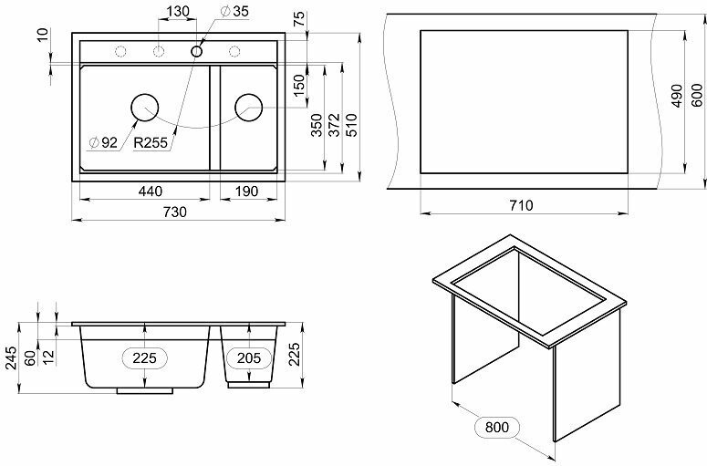 Кухонная мойка GRANULA KS-7302 73х51х23 см, кварцевый песок, тон турмалин