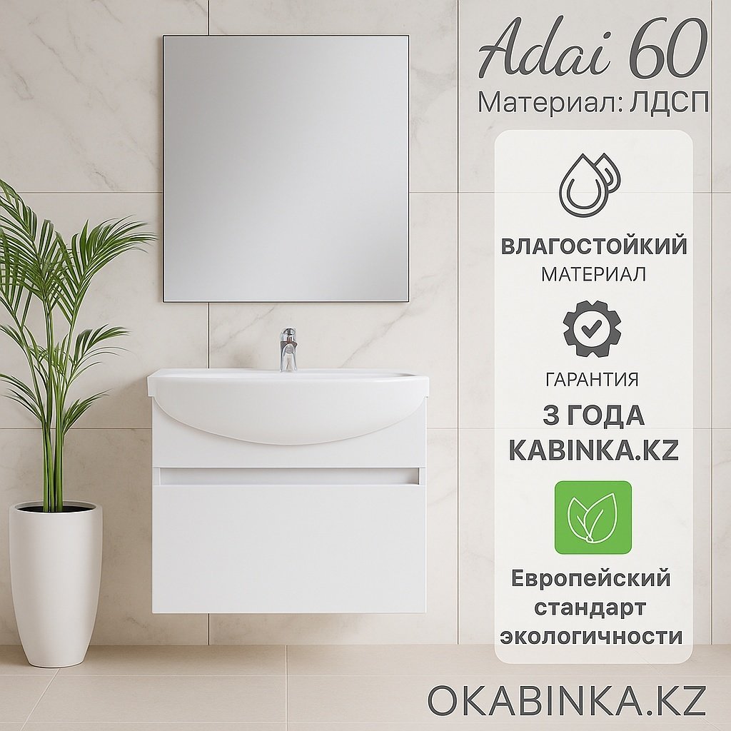 Комплект для ванной KABINKA.KZ Адай (тумба под раковину, зеркало, раковина) белый купить,NaN