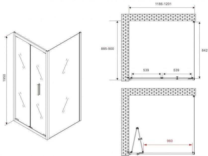 Душевое ограждение Abber двухстенное AG07120B-S90B, 1200х900х1950 мм купить,NaN