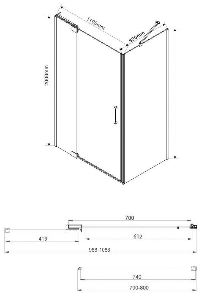 Душевое ограждение KABINKA.KZ двухстенное VSR-1E101180CL, 1100х2000 мм