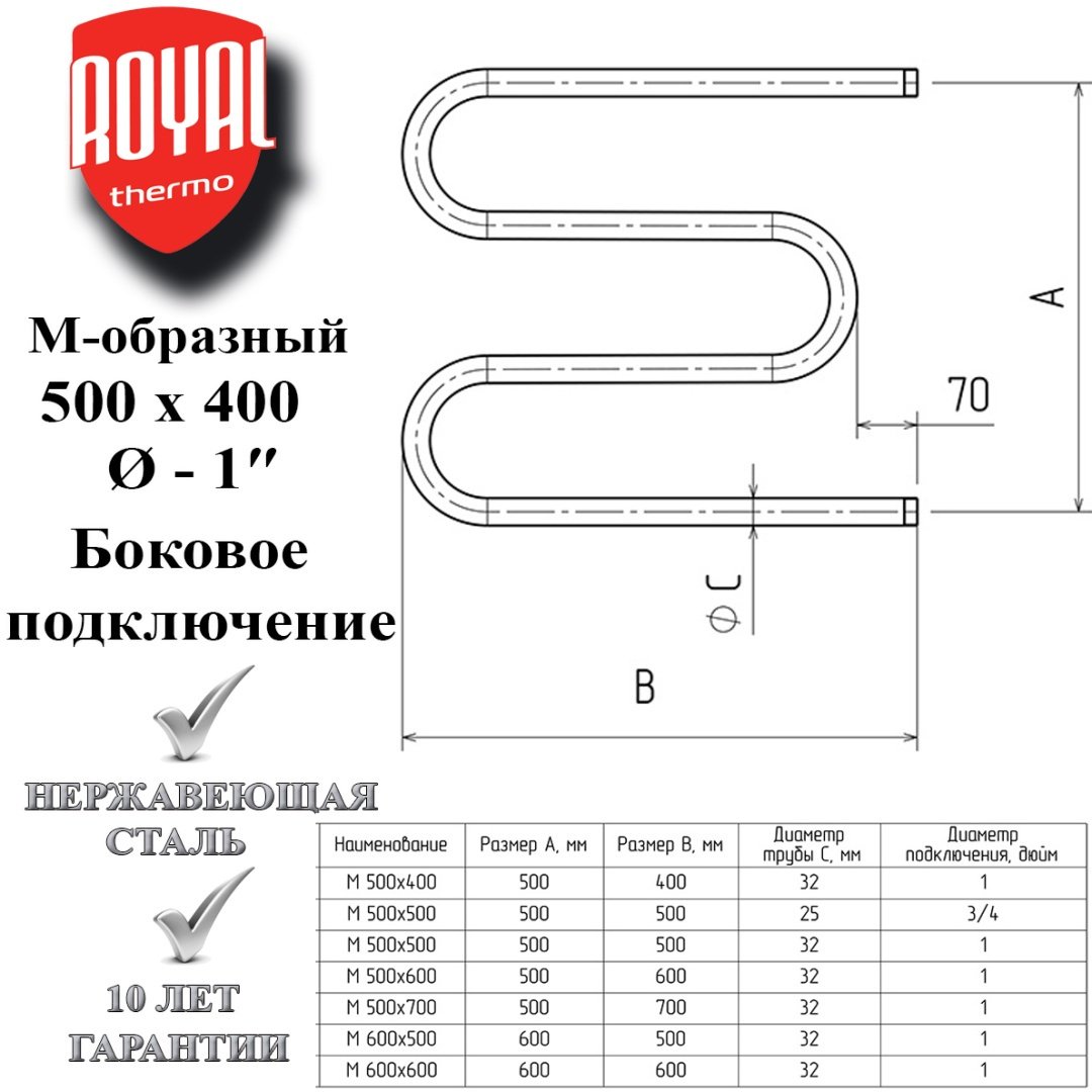 Полотенцесушитель водяной Royal Thermo 500х400, M-образный 40x53.2 см