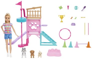 Кукла-модель Barbie Entertainment. Игровой набор Игровая площадка для собак HRM100, 23 см