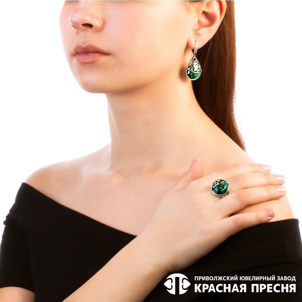 Серьги Красная пресня 33312084м вес 8.9 г серебро, малахит купить,31165