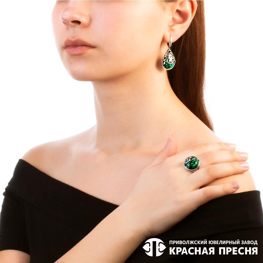Серьги Красная пресня 33312084м вес 8.9 г серебро, малахит купить,31165