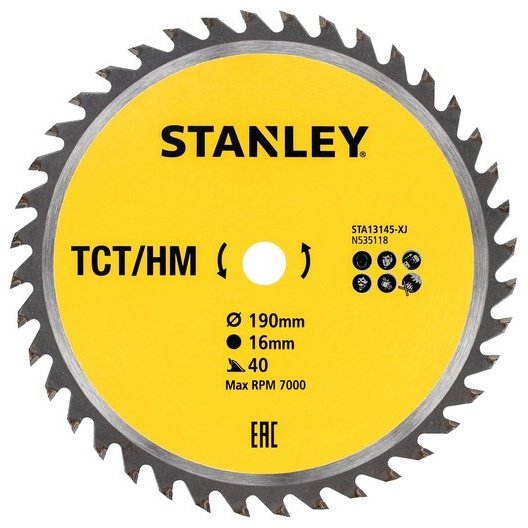 Пильный диск по дереву STANLEY STA13145, 190x16 мм, 40Т