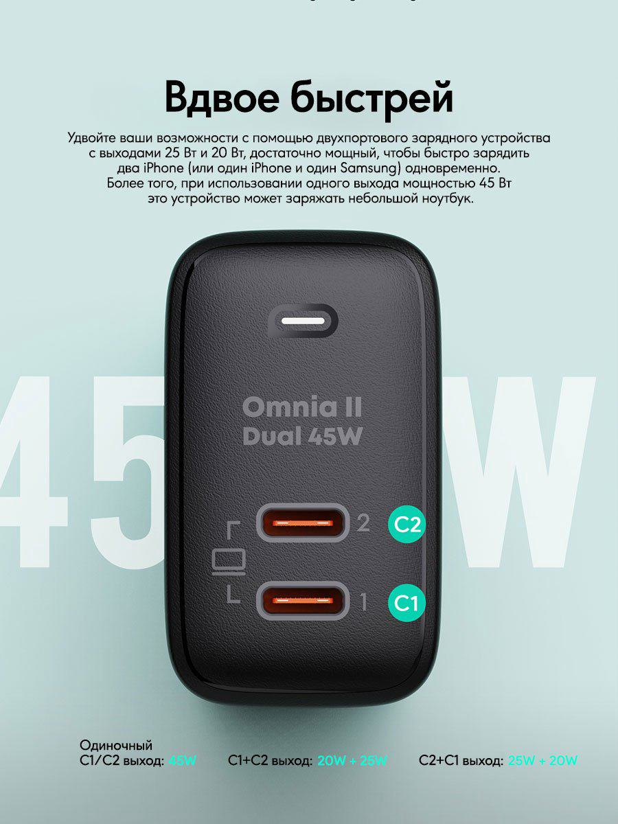 Зарядное устройство Aukey Omnia II 45W PA-B4T USB Type-C черный купить,NaN