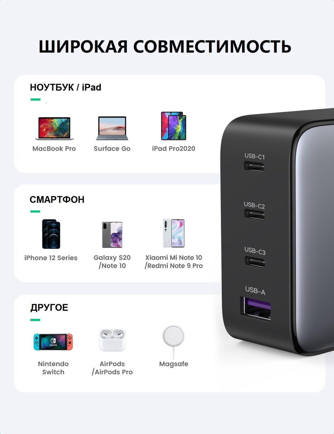 Зарядное устройство Ugreen CD226 40747 USB Type-C, USB черный купить,17601