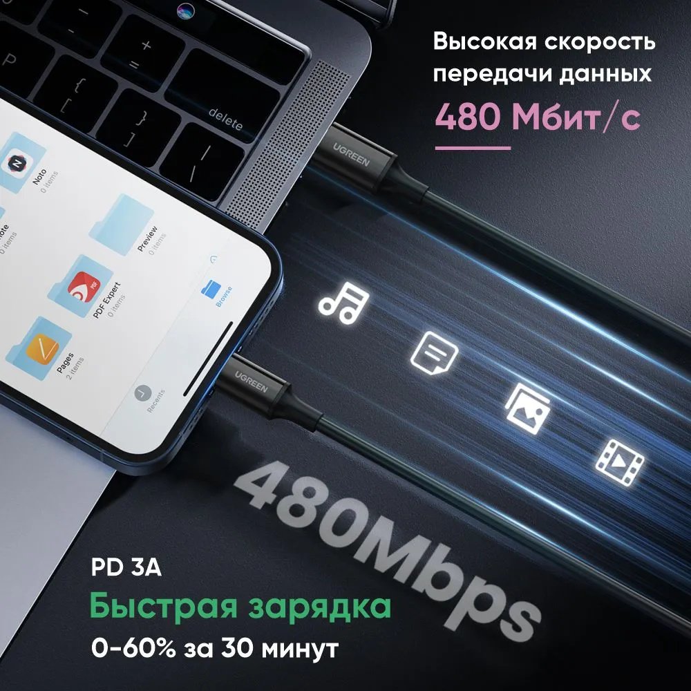 Кабель Ugreen USB TypeC (F), USB TypeC (M) черный купить,NaN