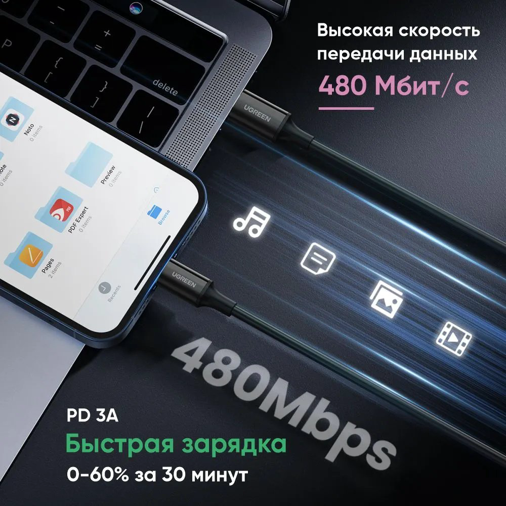 Кабель Ugreen USB TypeC (F), USB TypeC (M) черный купить,NaN