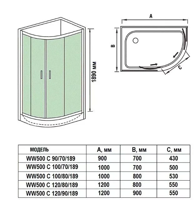 Душевое ограждение WW500 С 120/90/189 L/R 120х90х189см купить,171936