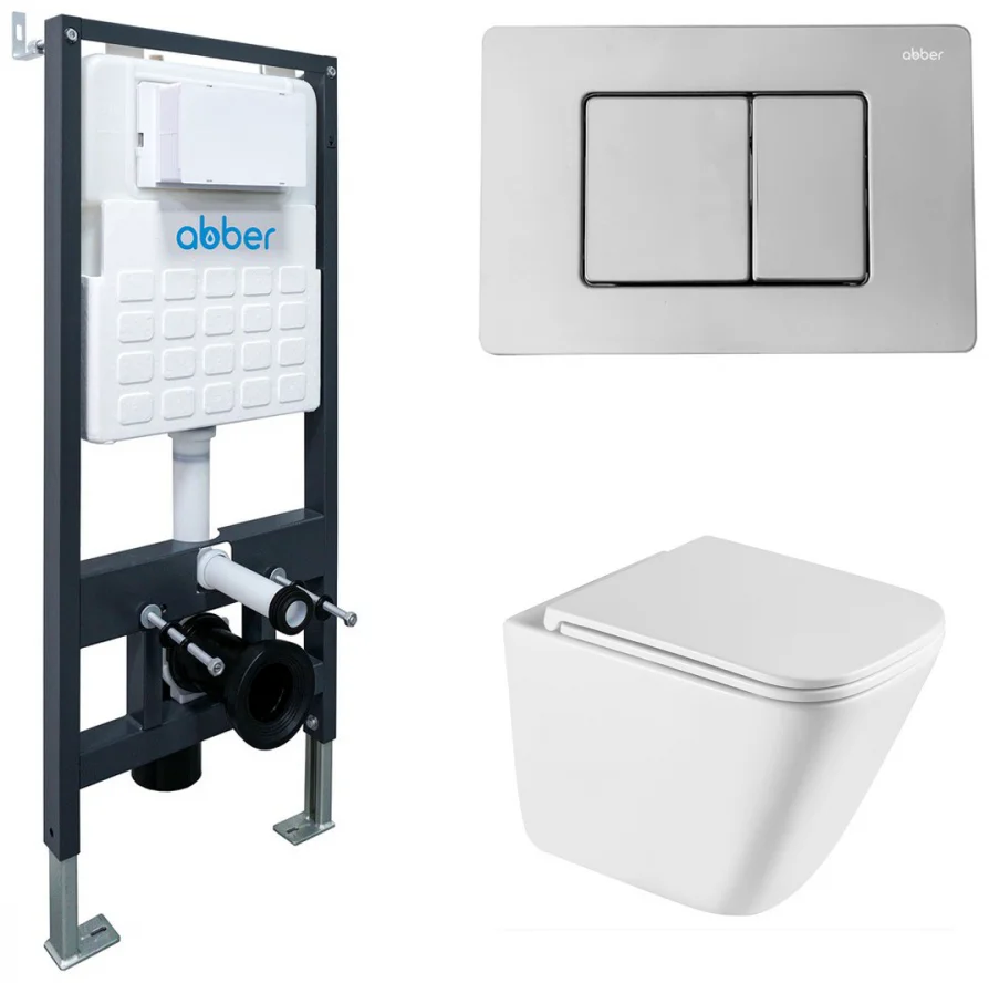 Унитаз Abber Rechteck AC1219TC с инсталляцией AC0105 и кнопкой AC0120 хром глянцевый
