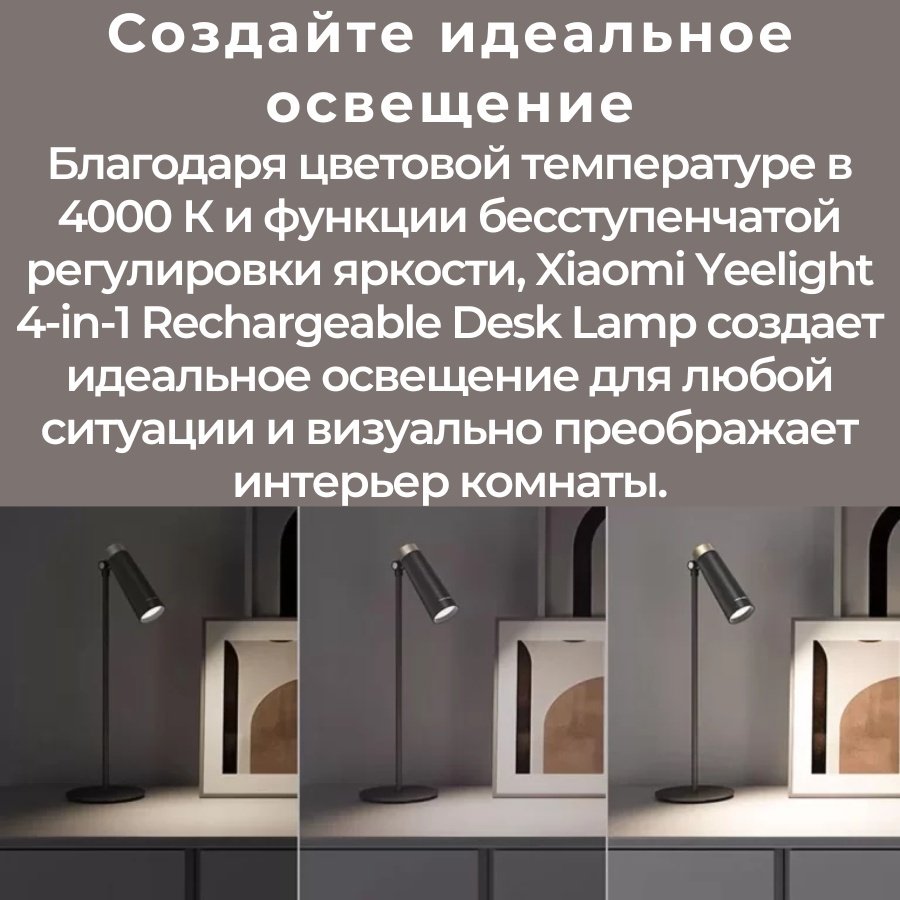 Настольная лампа Yeelight 4-in-1 Rechargeable Desk Lamp без цоколя, 5 Вт, металл, пластик купить,0