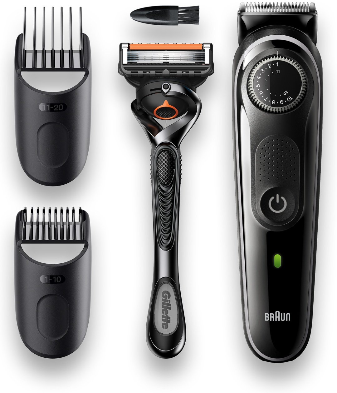 Триммер для бороды и усов Braun BT5342, 2 насадки и бритва Gillette, серо-черный