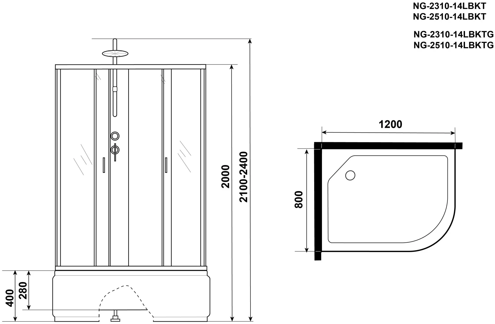 Кабина душевая Niagara NG-2510-14LBKTG 120х80х210см бело-черный