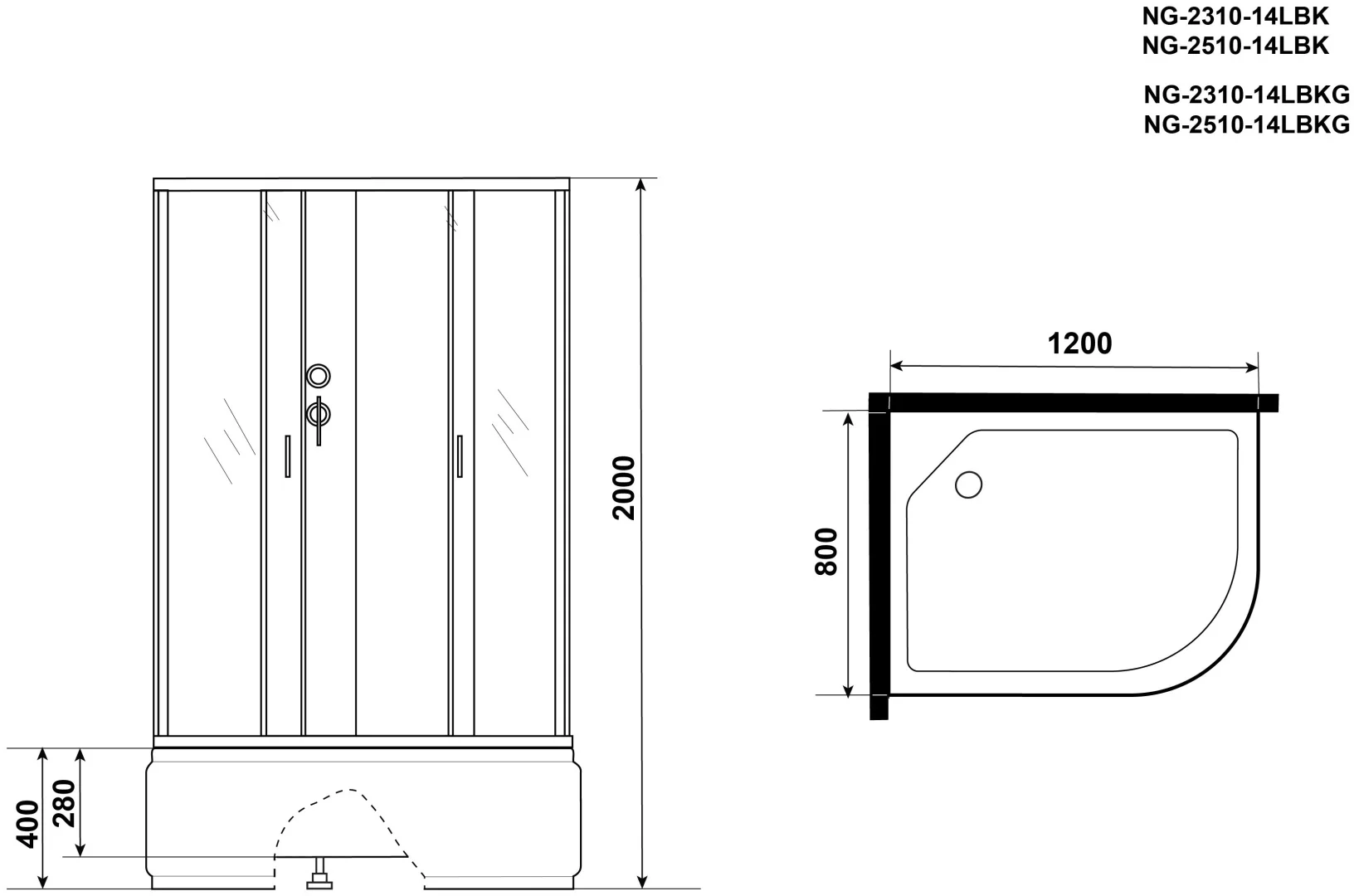 Кабина душевая Niagara NG-2510-14LBK 120х80х200см белый