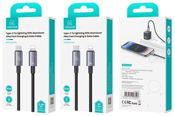 Кабель Usams Lightning (M), USB TypeC (M) черный