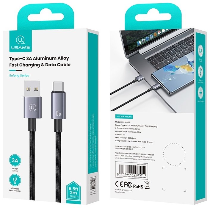 Кабель Usams USB 2.0 (F), USB TypeC (M) черный купить,0
