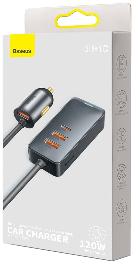 Зарядное устройство Baseus Share Together PPS Multi-port Car Charger 3U+1C 120W серый купить,NaN