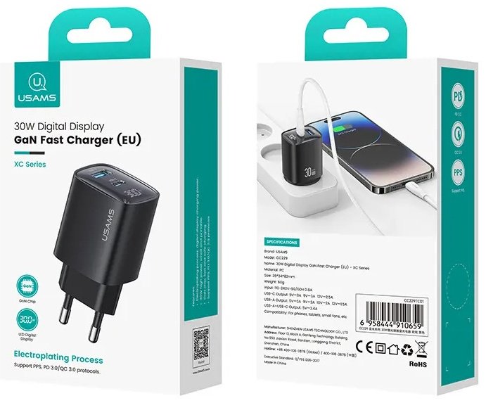 Зарядное устройство Usams CC229 XC Series USB Type-C, USB черный купить,0
