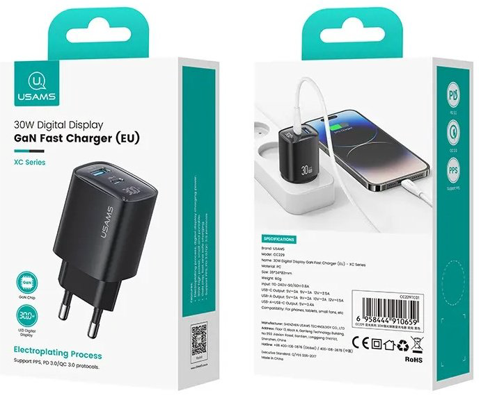 Зарядное устройство Usams CC229 XC Series USB Type-C, USB черный купить,NaN