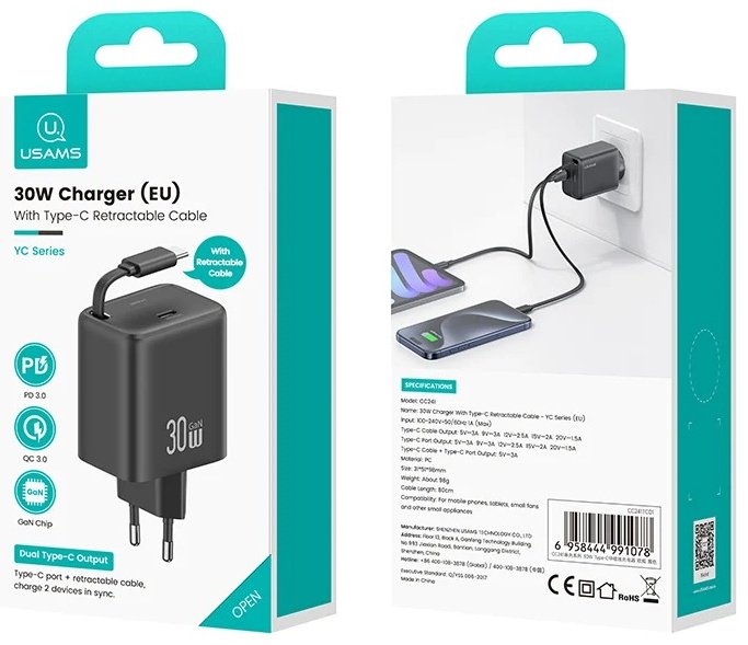 Зарядное устройство Usams CC241TC01 USB Type-C черный купить,0