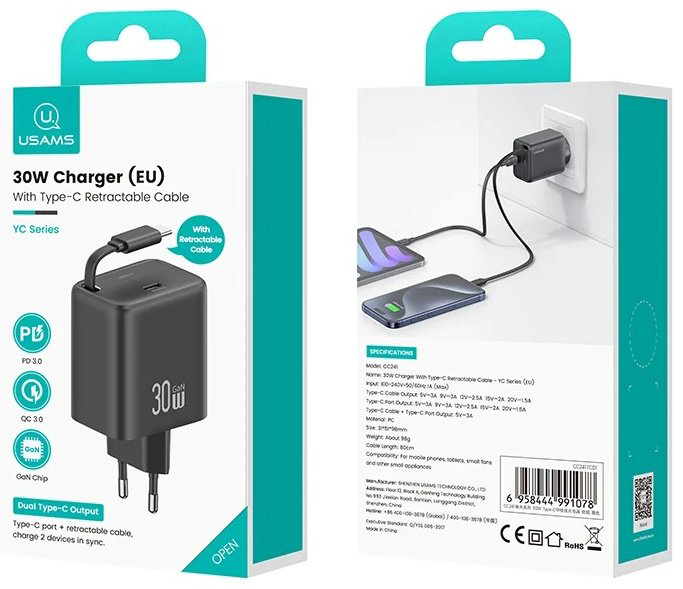 Зарядное устройство Usams CC241TC01 USB Type-C черный купить,NaN