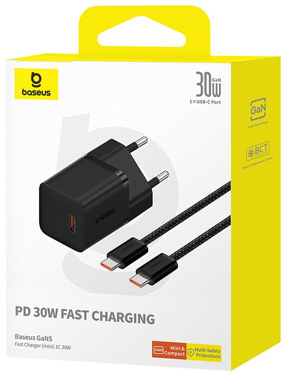 Зарядное устройство Baseus GaN5 (mini) 1C 30W + Кабель USB Type-C черный купить,0