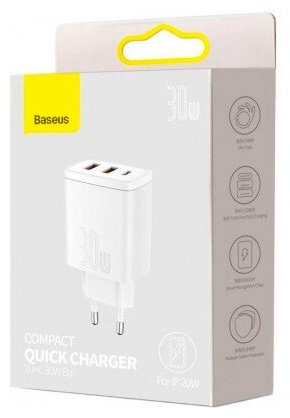 Зарядное устройство Baseus Compact 2U+C 30W USB Type-C, USB белый - ForteMarket Зарядное устройство Baseus Compact 2U+C 30W USB Type-C, USB белый купить,0