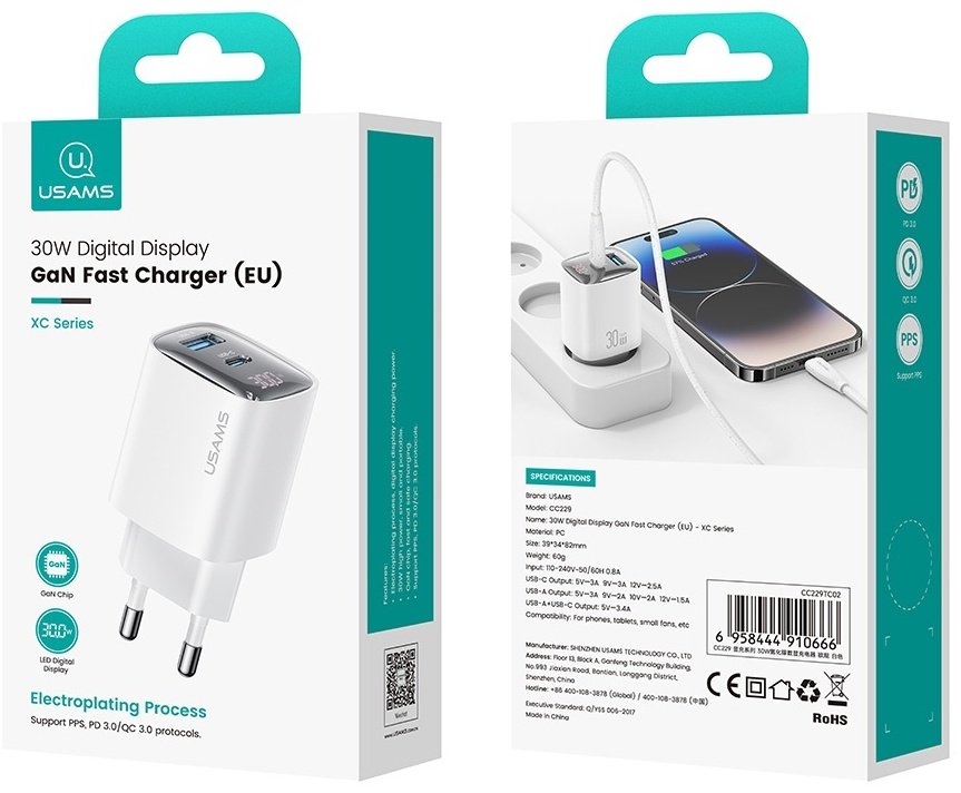 Зарядное устройство Usams CC229TC02 USB Type-C, USB белый