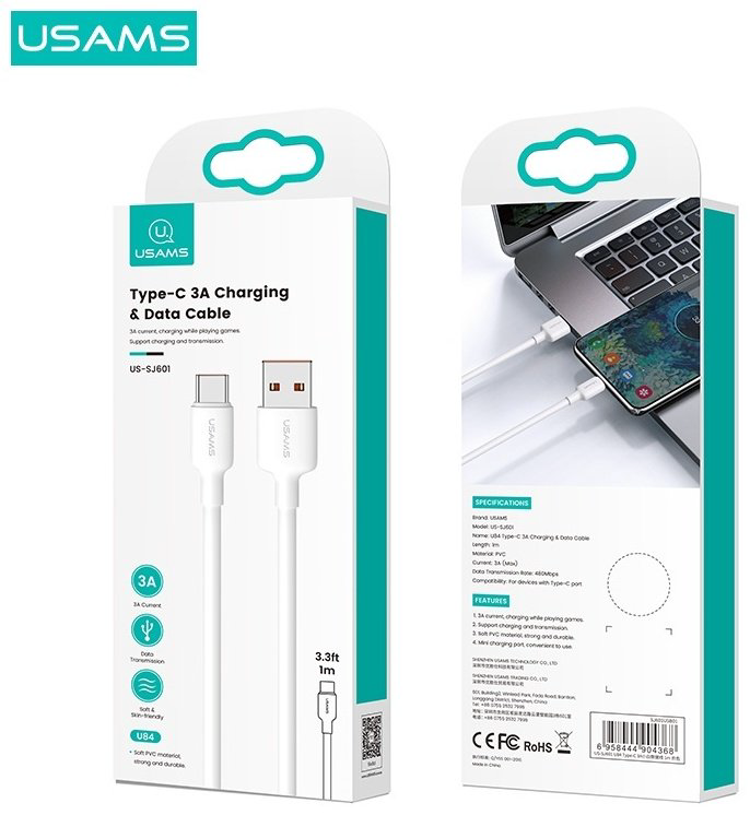 Кабель Usams USB 2.0 (M), USB TypeC (M) белый купить,NaN