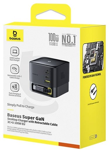 Зарядное устройство Baseus Super GaN Desktop with Retractable Cable 3C+U 100W USB Type-C, USB черный купить,NaN