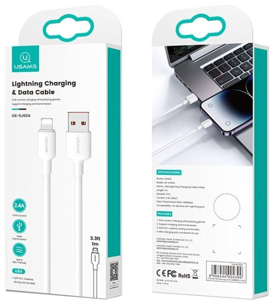 Кабель Usams USB 2.0 (F), Lightning (M) белый купить,NaN