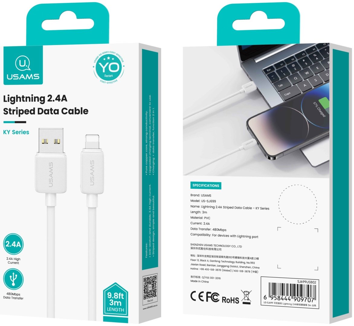 Кабель Usams USB 3.0 (M), Lightning (M) белый купить,0