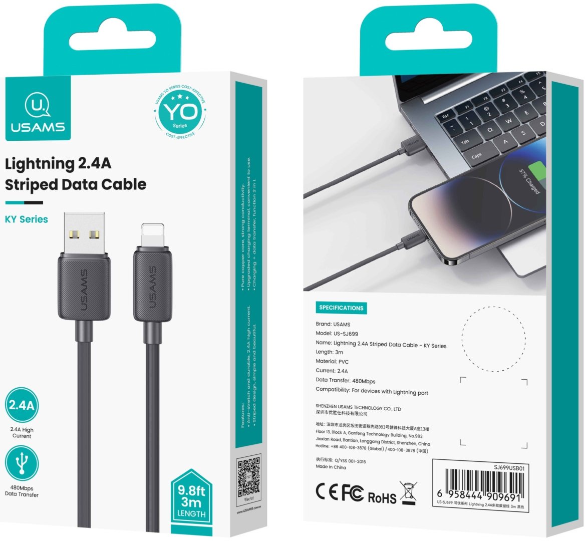 Кабель Usams USB 3.0 (M), Lightning (M) черный