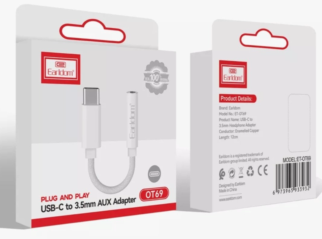 Переходник Earldom USB TypeC (F), 3.5 мм jack (F) белый купить,NaN