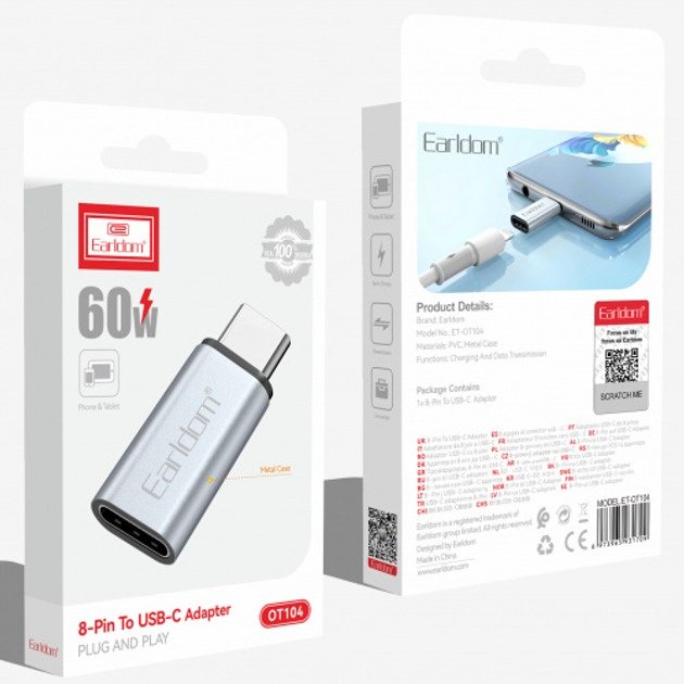 Переходник Earldom Lightning (F), USB TypeC (M) серебристый купить,NaN