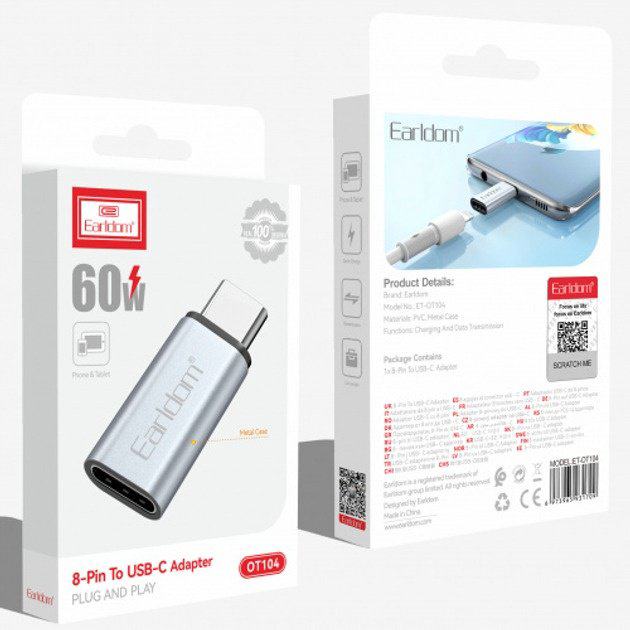 Переходник Earldom Lightning (F), USB TypeC (M) серебристый купить,NaN