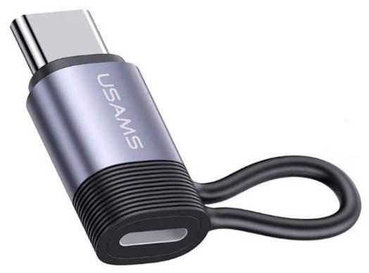 Переходник Usams Lightning (F), USB TypeC (M) серый