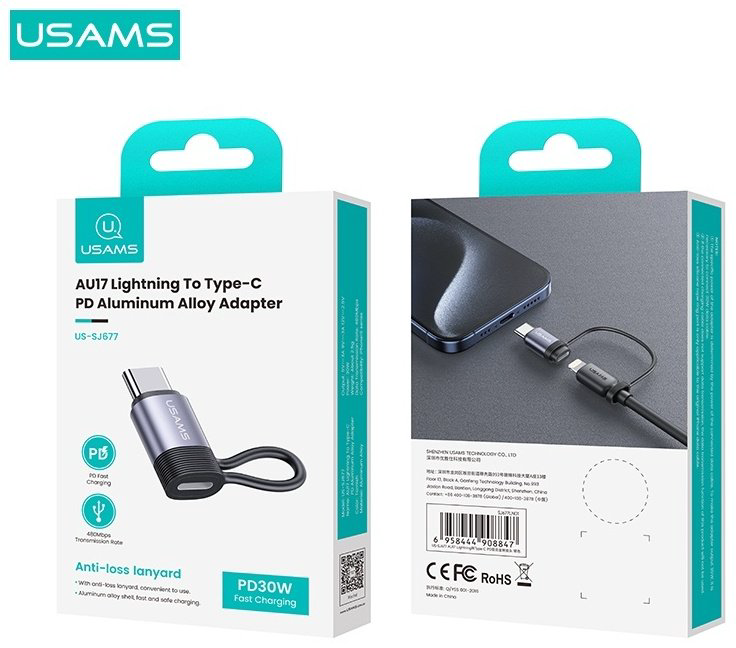 Переходник Usams Lightning (F), USB TypeC (M) серый купить,NaN