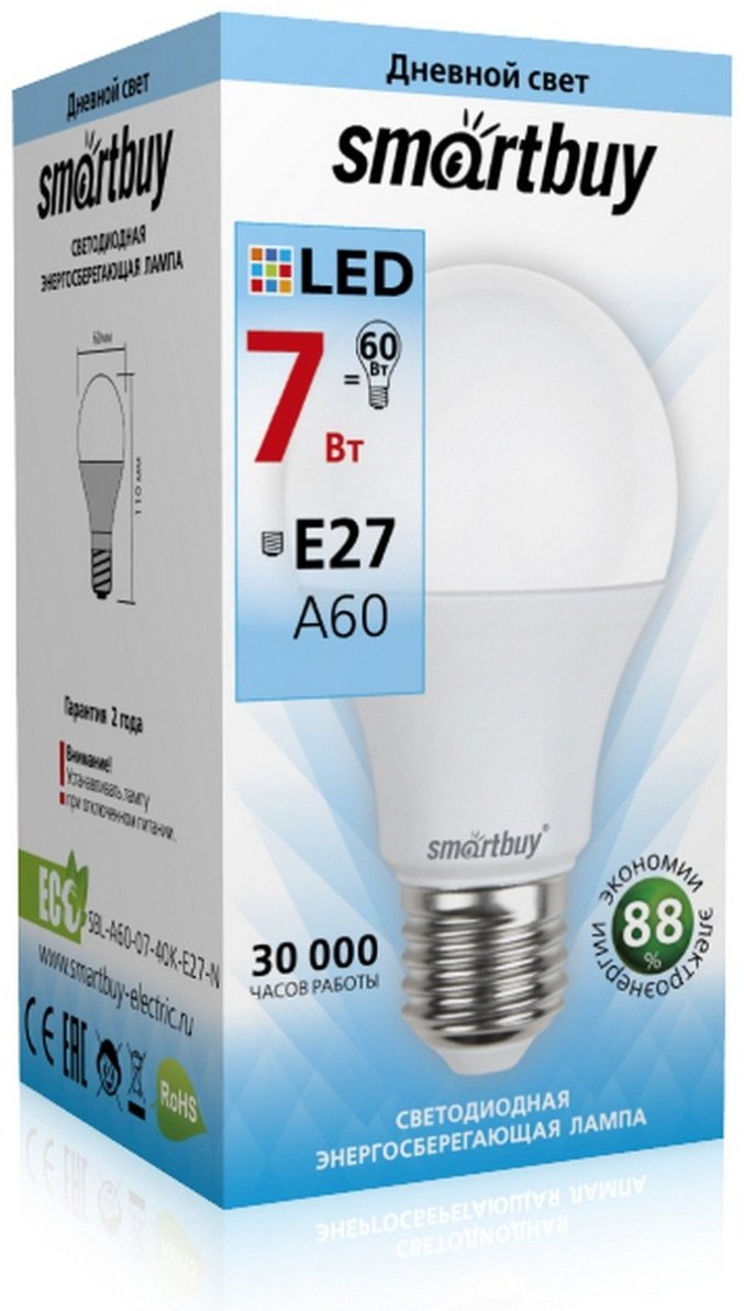 Smartbuy 7W E27, светодиодная, дневной белый купить,0