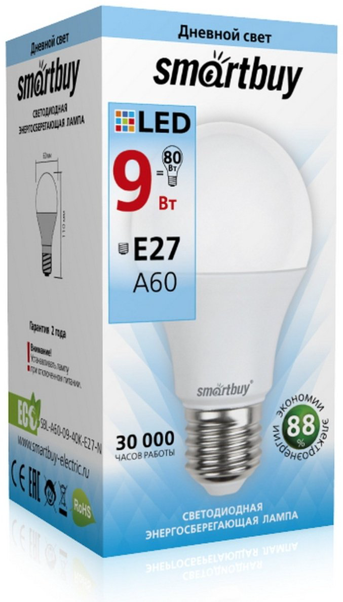 Smartbuy 9W E27, светодиодная, дневной белый купить,NaN