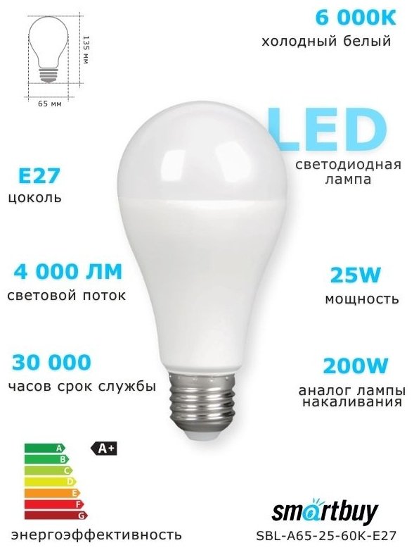 Smartbuy 25W E27, светодиодная, холодный белый