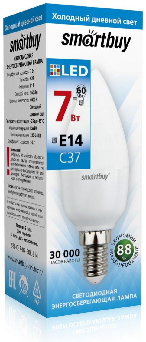 Smartbuy 7W Е14, светодиодная, холодный белый купить,0