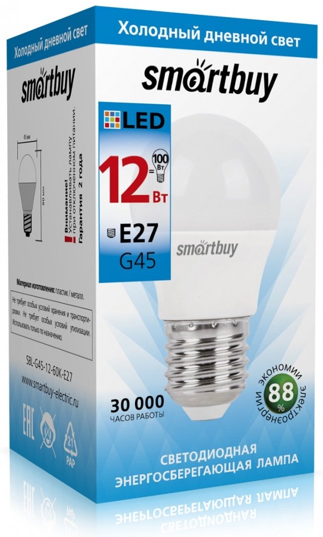 Smartbuy 12W E27, светодиодная, холодный белый купить,0