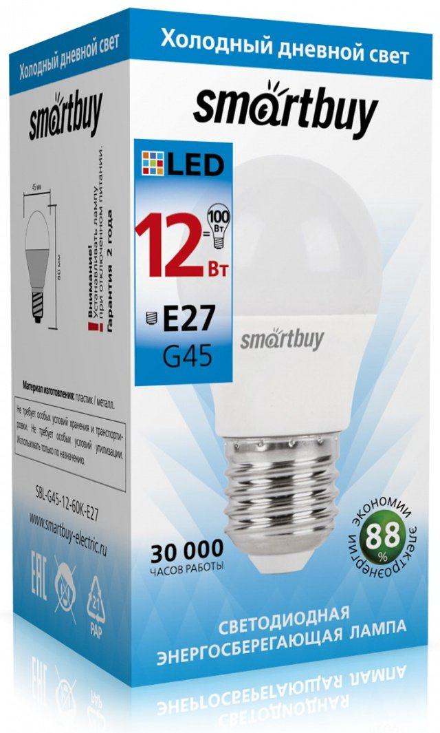 Smartbuy 12W E27, светодиодная, холодный белый купить,NaN
