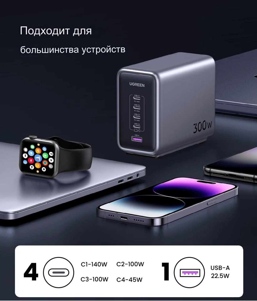 Зарядное устройство Ugreen Nexode 300W 5-Port PD Gan Fast Charger серый - ForteMarket Зарядное устройство Ugreen Nexode 300W 5-Port PD Gan Fast Charger серый купить,0