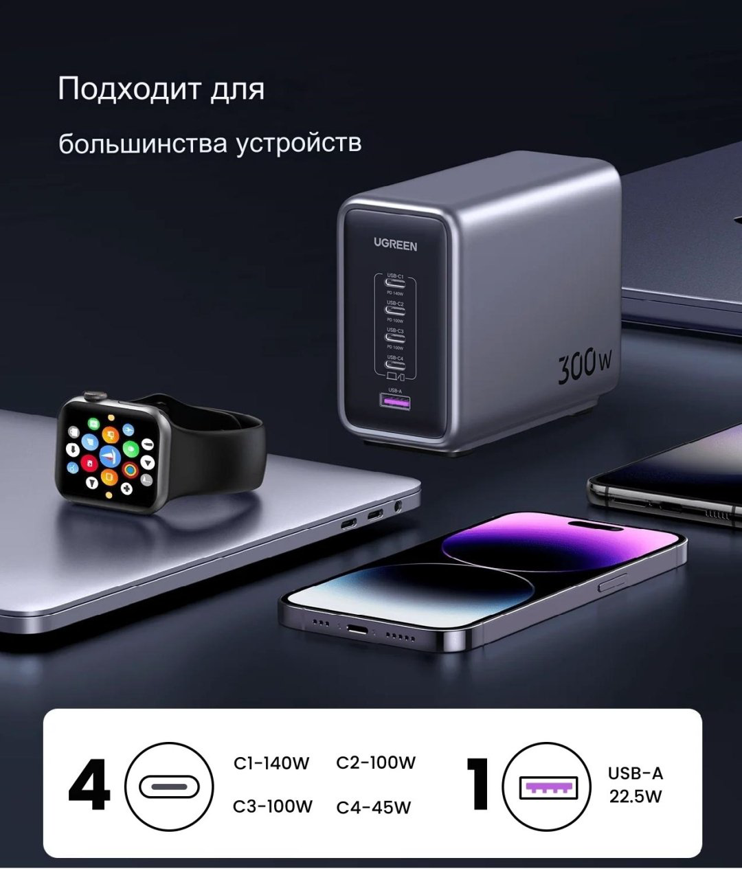 Зарядное устройство Ugreen Nexode 300W 5-Port PD Gan Fast Charger серый купить,NaN