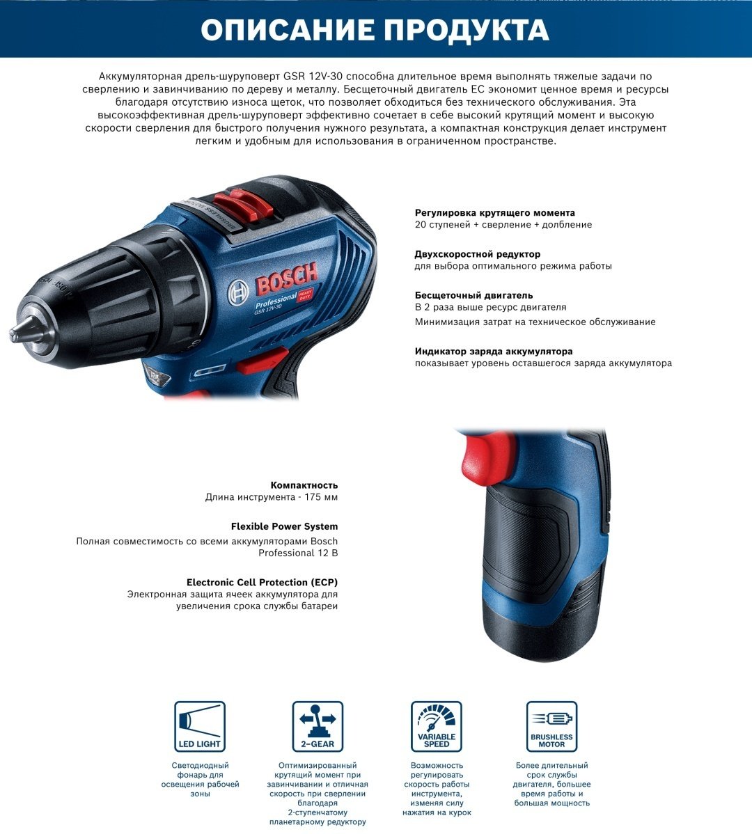 Аккумуляторная дрель-шуруповерт BOSCH Professional GSR 12V-30, 06019G9002 купить,0