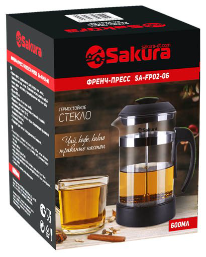 Френч-пресс SAKURA SA-FP02-06 600 мл, жаропрочное стекло, нержавеющая сталь, пластик купить,NaN